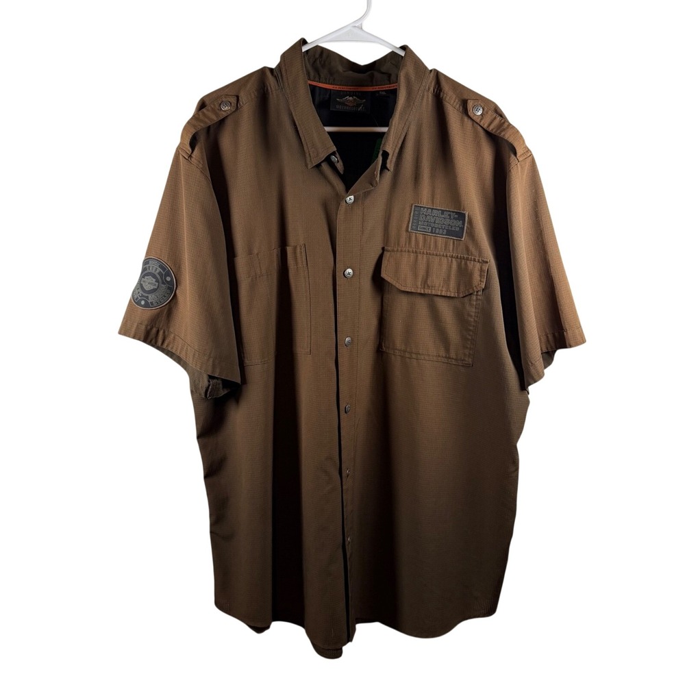 Harley-Davidson Performance Mens 2XL Brown Ripstop Short Sleeve Button Shirt